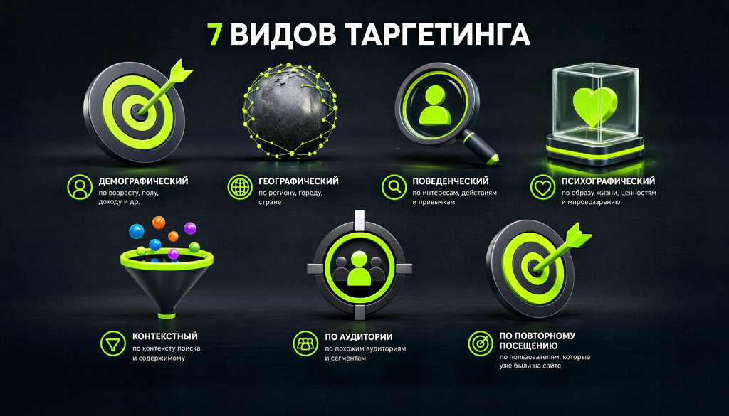 Схема 7 видов таргетинга с примерами и целями для выбора подходящего вида под задачу
