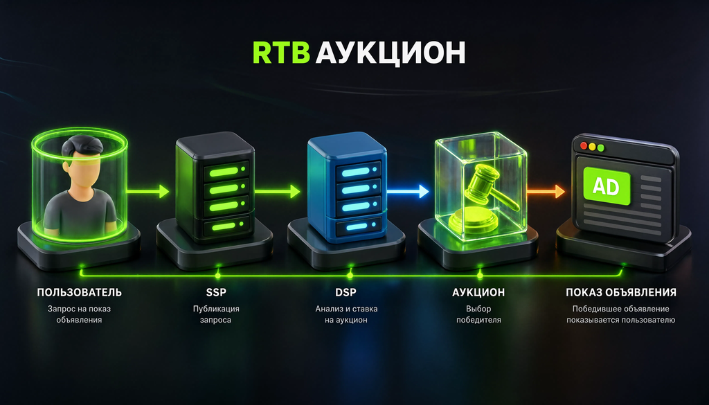 Схема RTB-аукциона: пользователь &rarr; SSP &rarr; DSP &rarr; аукцион &rarr; показ объявления, процесс автоматической закупки рекламы