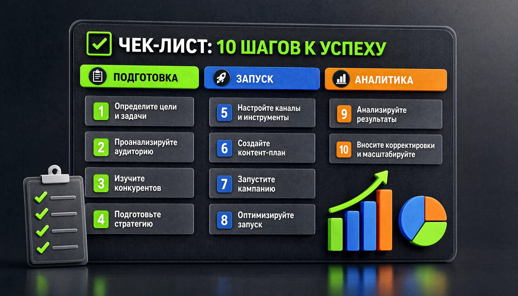 Инфографика: чек-лист из 10 пунктов для запуска таргетированной рекламы, сгруппированных по этапам подготовка, запуск, аналитика