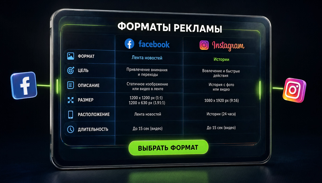 Сравнительная таблица форматов рекламы в Facebook и Instagram: формат, описание, цель, размер креатива. Помогает выбрать подходящий формат под задачу.