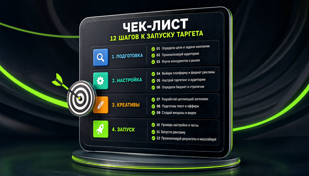 Инфографика: чек-лист из 12 пунктов для запуска таргетированной рекламы, сгруппированных по блокам подготовка, настройка, креативы, запуск.