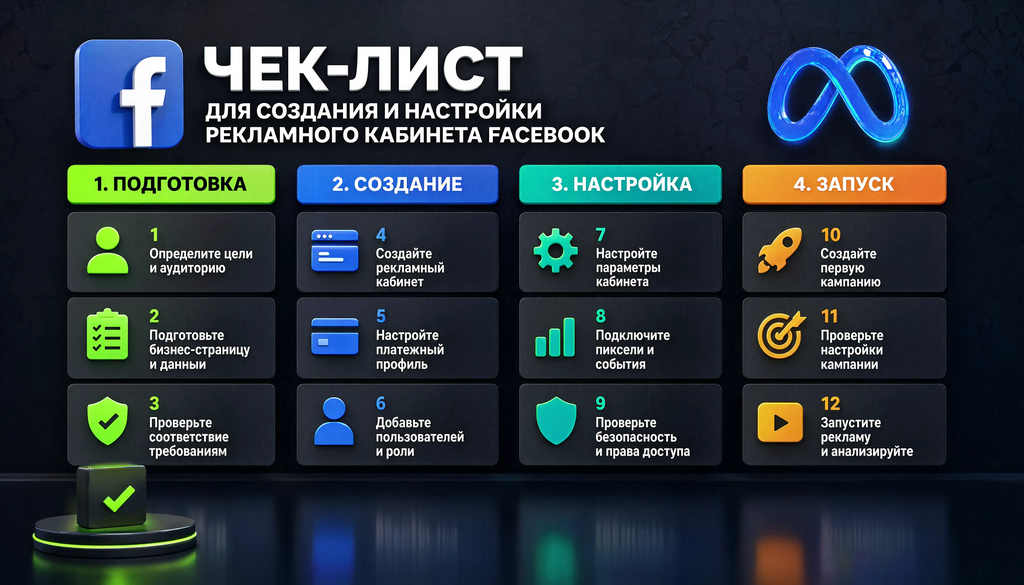 Checklist of 12 steps for creating and setting up a Facebook advertising account, grouped into 4 blocks: preparation, creation, configuration, launch. This infographic helps structure the process and reduce the risk of errors and account blocks.