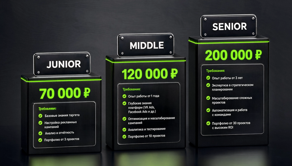 Инфографика роста зарплаты таргетолога: junior 70 000 руб., middle 120 000 руб., senior 200 000 руб.