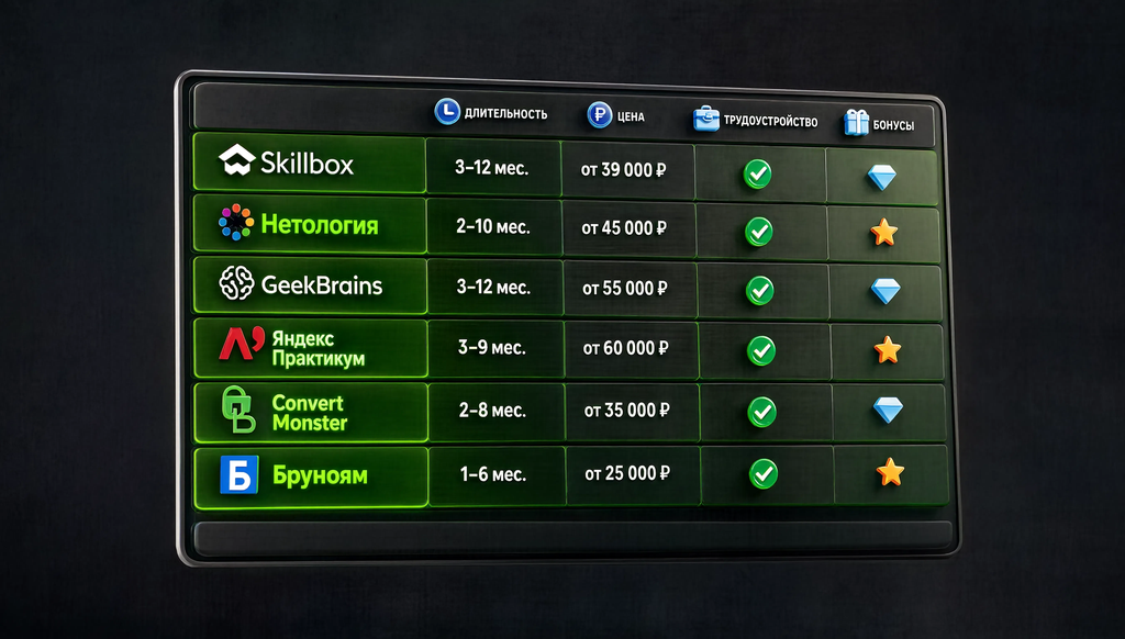 Сравнительная таблица платных курсов: Skillbox, Нетология, GeekBrains, Яндекс Практикум, Convert Monster, Бруноям