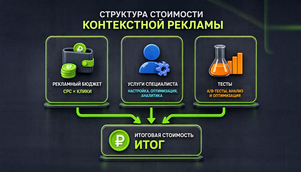 Структура стоимости контекстной рекламы: рекламный бюджет (CPC &times; клики), услуги специалиста, тесты