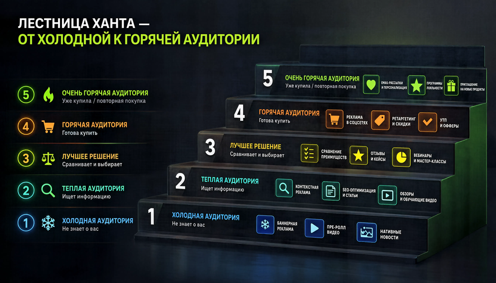 Лестница Ханта - 5 ступеней от холодной к горячей аудитории с примерами рекламных форматов