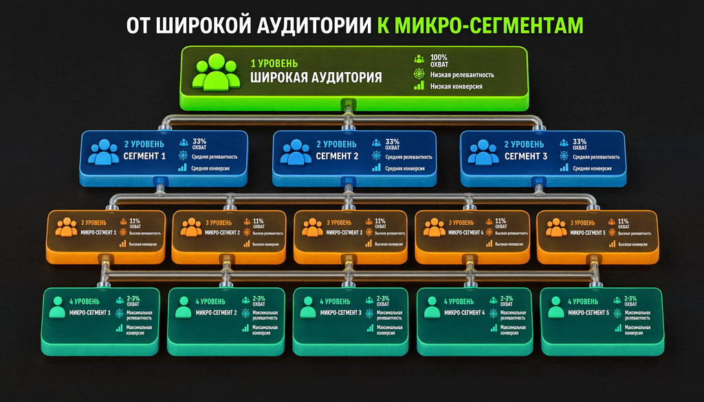 Схема фрагментации аудитории от широкой аудитории к микро-сегментам с примерами параметров на каждом из 3-4 уровней деления