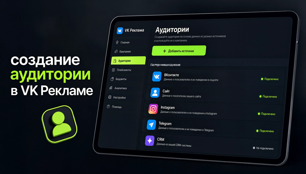 Создание аудитории в VK Рекламе: интерфейс раздела Аудитории с источниками данных