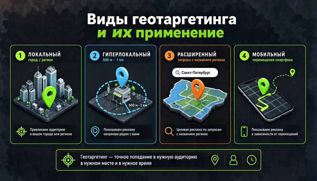 Инфографика: четыре вида геотаргетинга с примерами радиуса и задач
