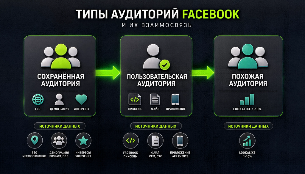 Схема иерархии типов аудиторий Facebook: сохранённая, пользовательская, похожая, с источниками данных