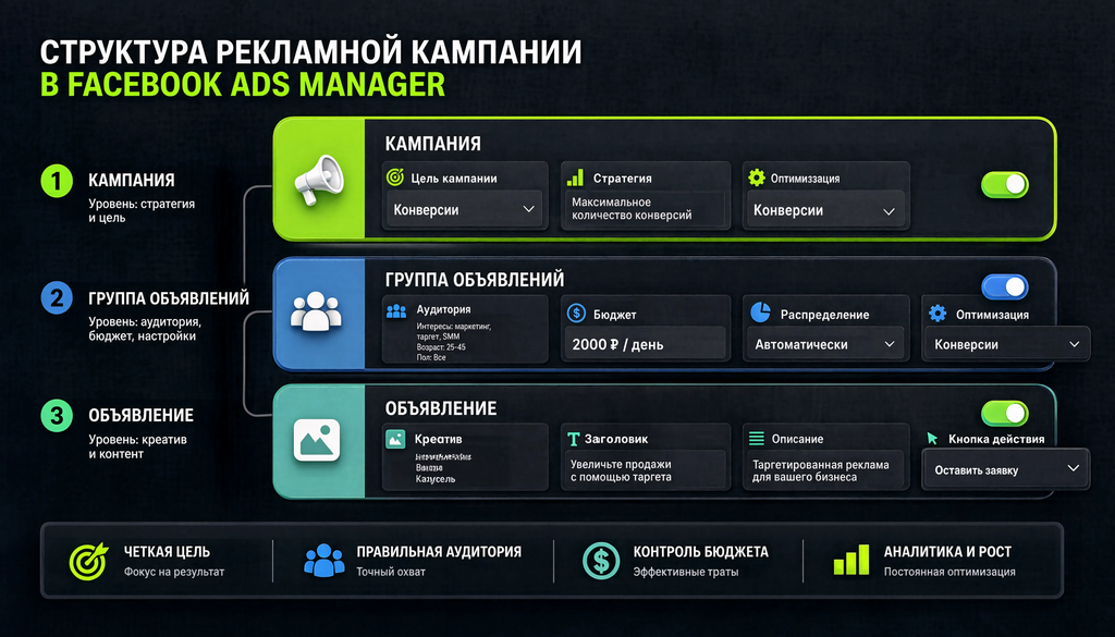 Структура рекламной кампании в Facebook Ads Manager: кампания, группа объявлений, объявление с настройками цели, аудитории и креатива