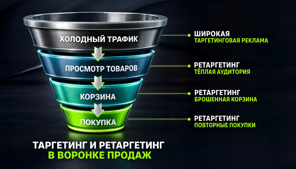 Схема воронки продаж с таргетингом на холодную аудиторию и ретаргетингом на теплую аудиторию на этапах просмотра товаров, корзины и покупки