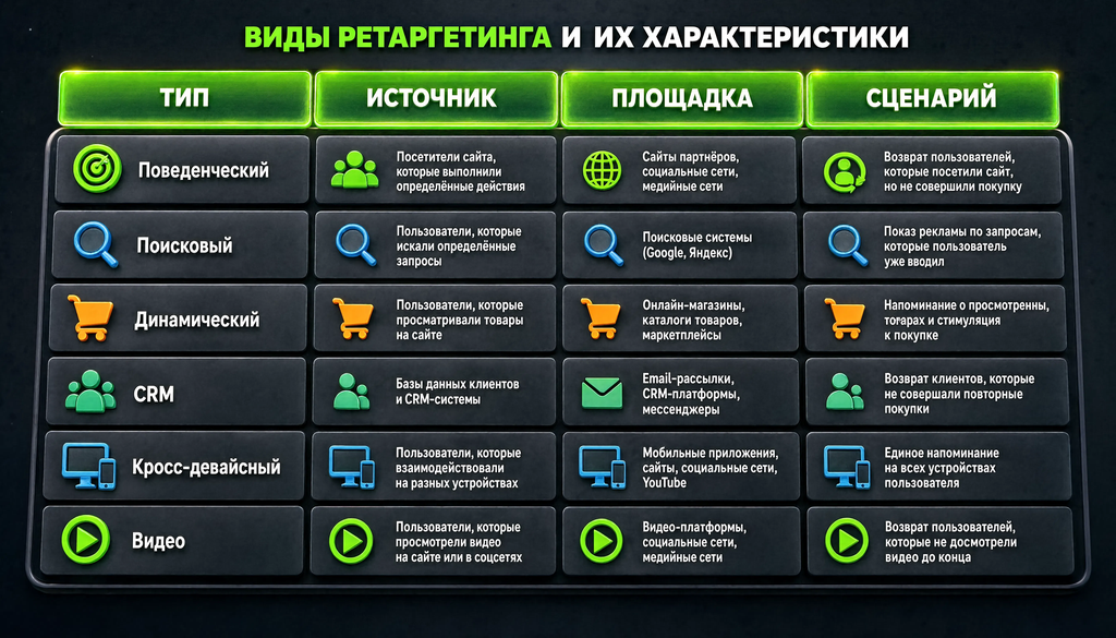 Сравнительная таблица видов ретаргетинга: поведенческий, поисковый, динамический, CRM, кросс-девайсный, видео с указанием типа, источника, площадки и сценария использования