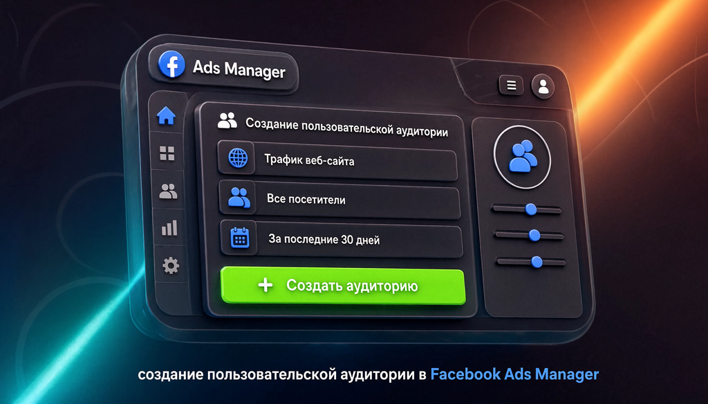 Интерфейс Ads Manager: создание пользовательской аудитории с выбором трафика веб-сайта, всех посетителей за последние 30 дней и кнопкой создания аудитории