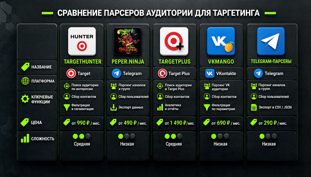 Сравнительная таблица парсеров аудитории для таргетинга: TargetHunter, Peper.ninja, TargetPlus, VKMango, Telegram-парсеры
