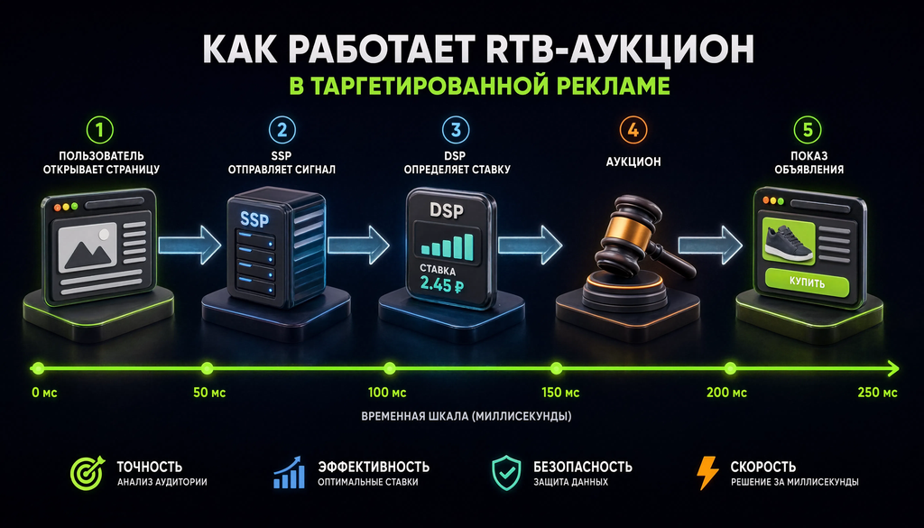 Схема работы RTB-аукциона в таргетированной рекламе: 5 этапов с временной шкалой