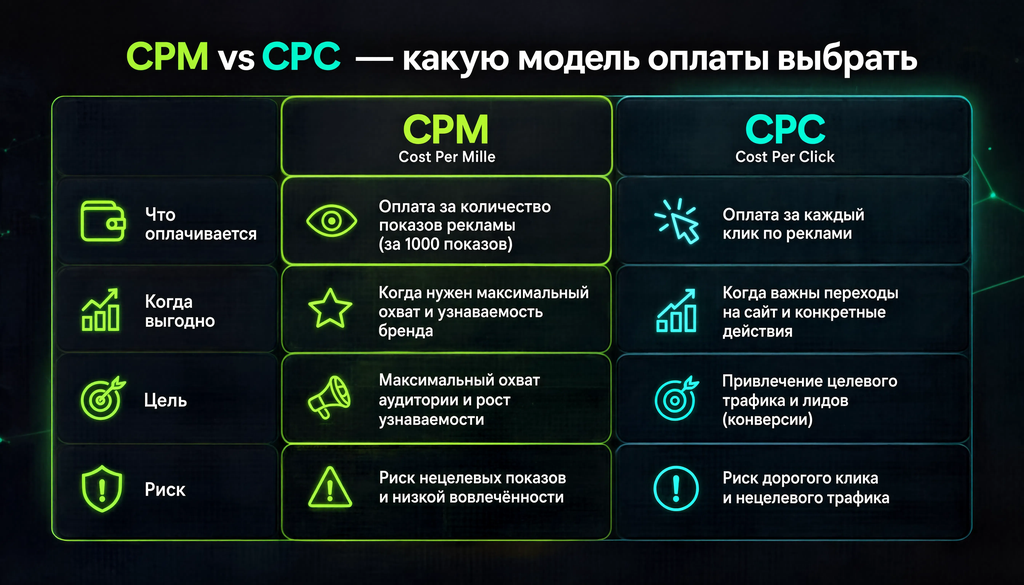 Сравнение моделей оплаты CPM и CPC: что оплачивается, когда выгодно, цель и риски