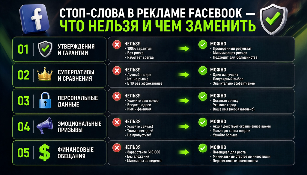 Инфографика с категориями стоп-слов и запрещенных формулировок в рекламе Facebook и примерами замен