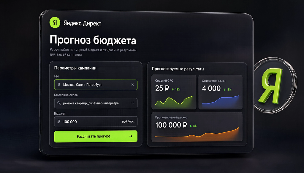 Интерфейс инструмента прогноза бюджета в Яндекс Директе с полями ввода гео и ключевых слов и результатами CPC, клики, расход