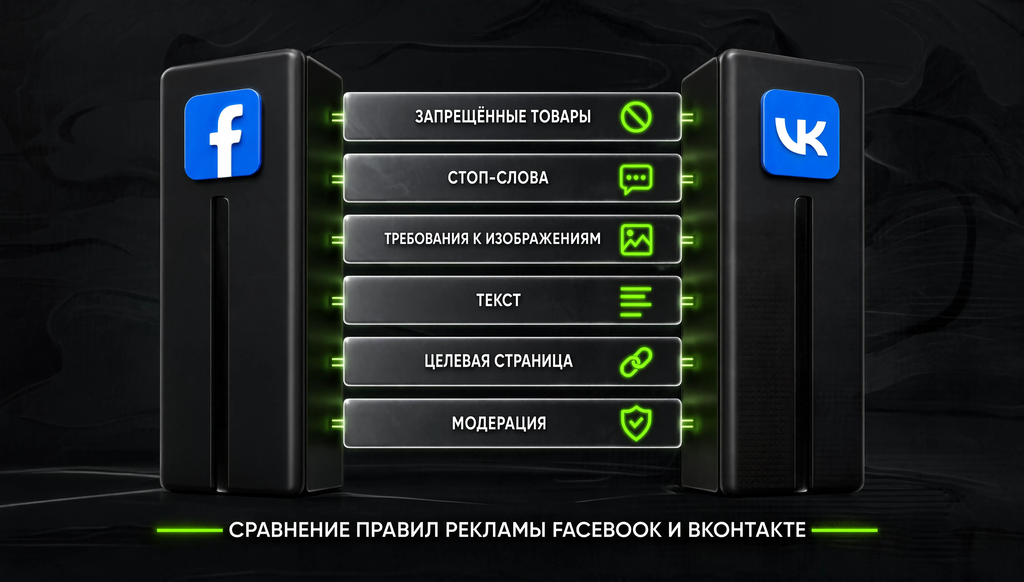 Сравнение правил рекламы Facebook и ВКонтакте: запрещенные категории, стоп-слова, требования к изображениям, модерация