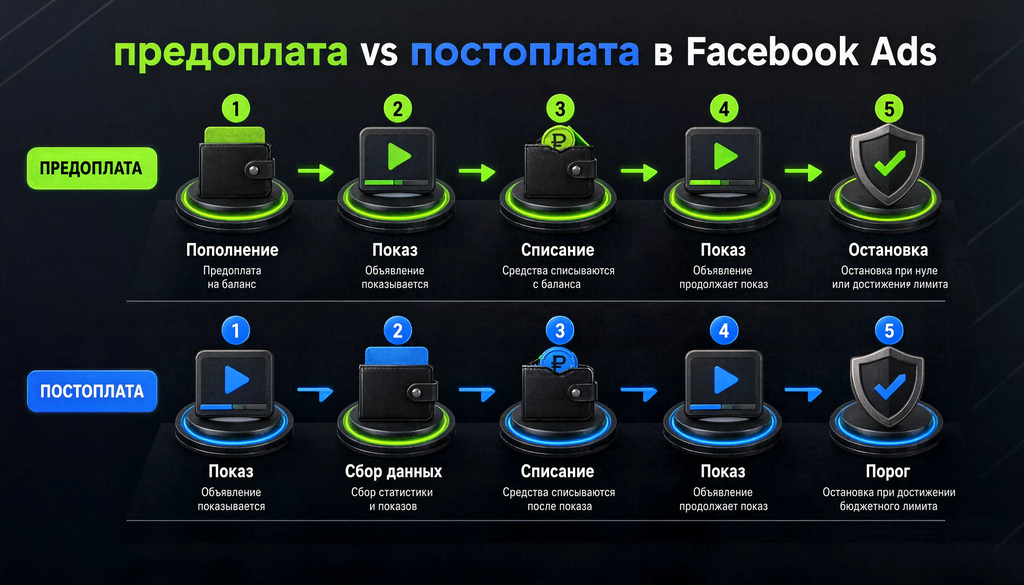 Схема сравнения предоплаты и постоплаты в Facebook Ads: этапы пополнения, показа, списания и остановки