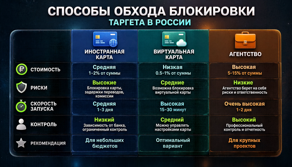Сравнение трех способов обхода блокировки таргета в России: иностранная карта, виртуальная карта, агентство