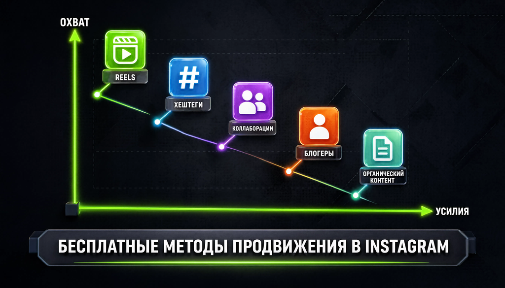 Схема бесплатных методов продвижения в Instagram с указанием охвата и усилий