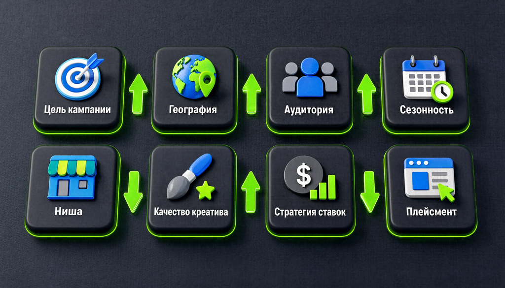 Инфографика: 8 факторов, влияющих на цену таргетированной рекламы, с указанием направления влияния