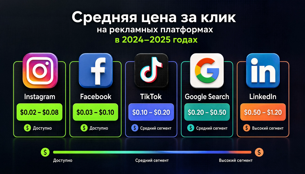 Сравнение средней цены за клик на рекламных платформах Instagram, Facebook, TikTok, Google Search и LinkedIn в 2024-2025 годах с цветовой индикацией дороговизны