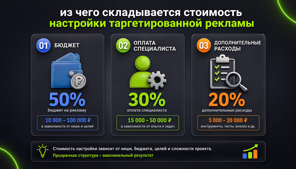 Инфографика: структура стоимости таргетированной рекламы &mdash; рекламный бюджет, оплата специалиста, дополнительные расходы с процентными долями и диапазонами цен