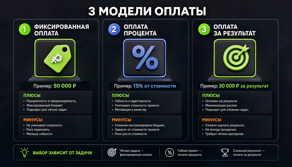 Сравнительная иллюстрация трёх моделей оплаты: фиксированная, процент и оплата за результат, с указанием цен, преимуществ и недостатков, три колонки с примерами.