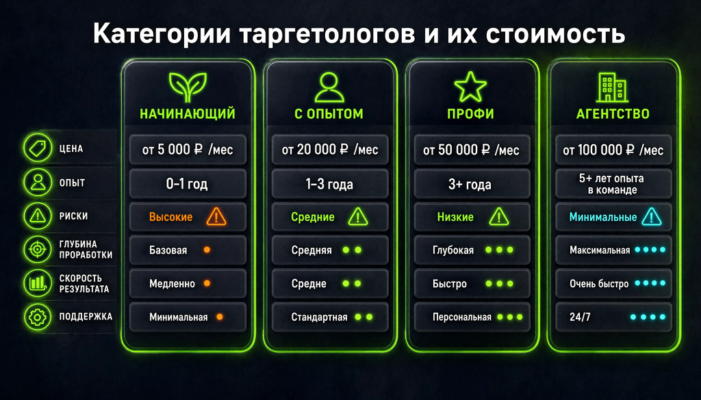 Сравнение категорий таргетологов: начинающий, с опытом, профи, агентство по цене, опыту, рискам и глубине проработки
