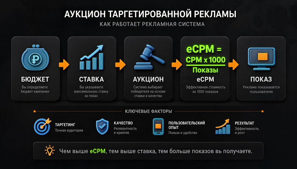 Схема работы аукциона таргетированной рекламы: от задания бюджета до показа объявления, включая формулы eCPM
