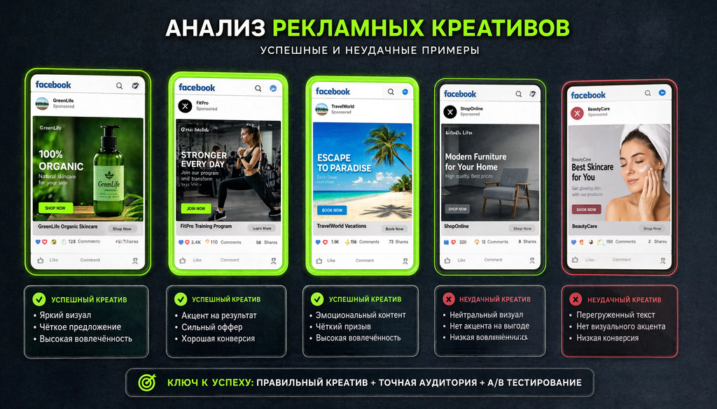 Сравнительный анализ удачных и неудачных рекламных объявлений в Facebook с разбором элементов