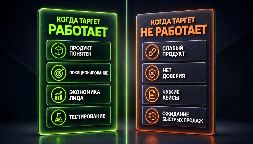 Инфографика: условия, при которых таргетированная реклама работает и не работает, с колонками успеха и провала