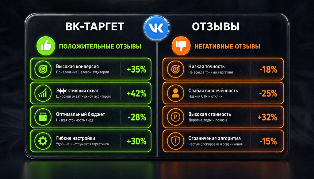 Сравнительная таблица положительных и негативных отзывов о таргетированной рекламе ВКонтакте с примерами