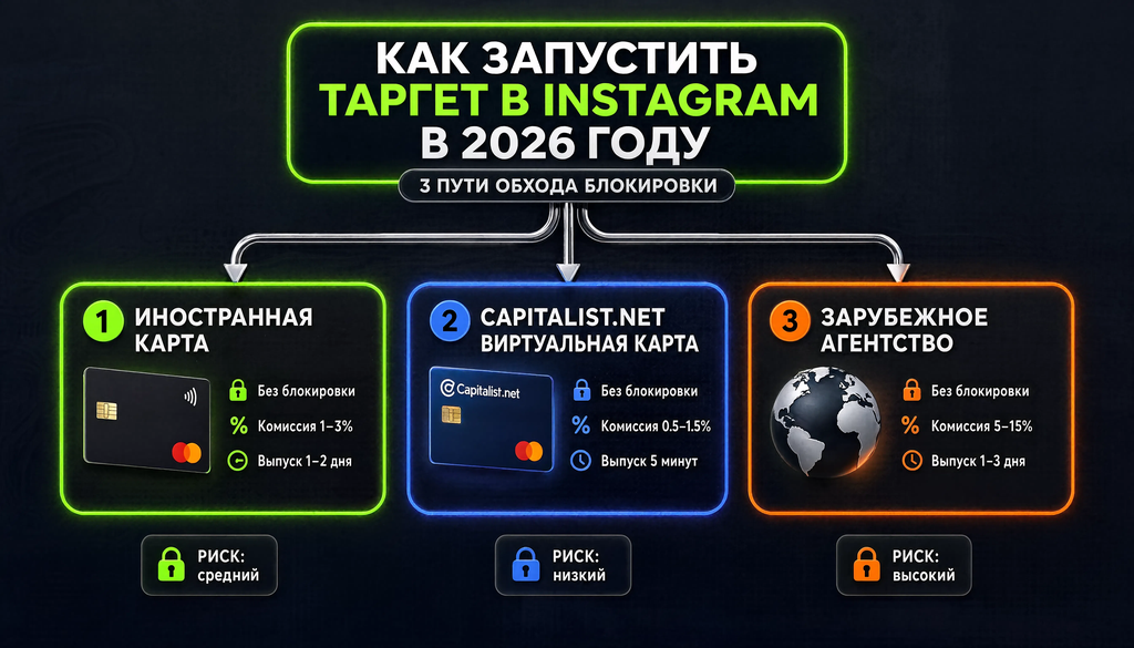 Схема способов запуска таргетированной рекламы в Instagram в 2026 году: три пути с рисками и выгодами