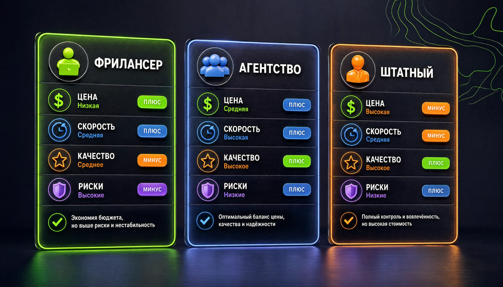 Сравнительная иллюстрация трёх вариантов подрядчика: фрилансер, агентство, штатный сотрудник по цене, скорости, качеству и рискам. Три колонки с плюсами и минусами.