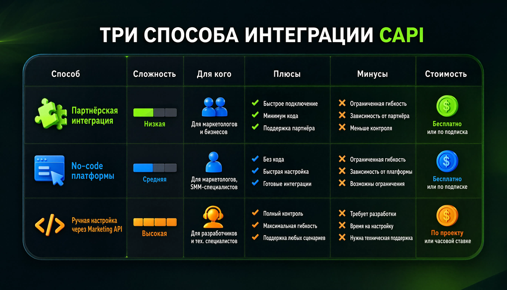 Сравнение способов интеграции Conversions API с сайтом: таблица трех способов с параметрами сложности, целевой аудитории, плюсами, минусами и стоимостью