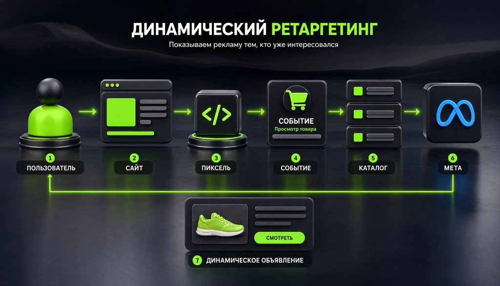 Схема работы динамического ретаргетинга Facebook: от просмотра товара до показа объявления