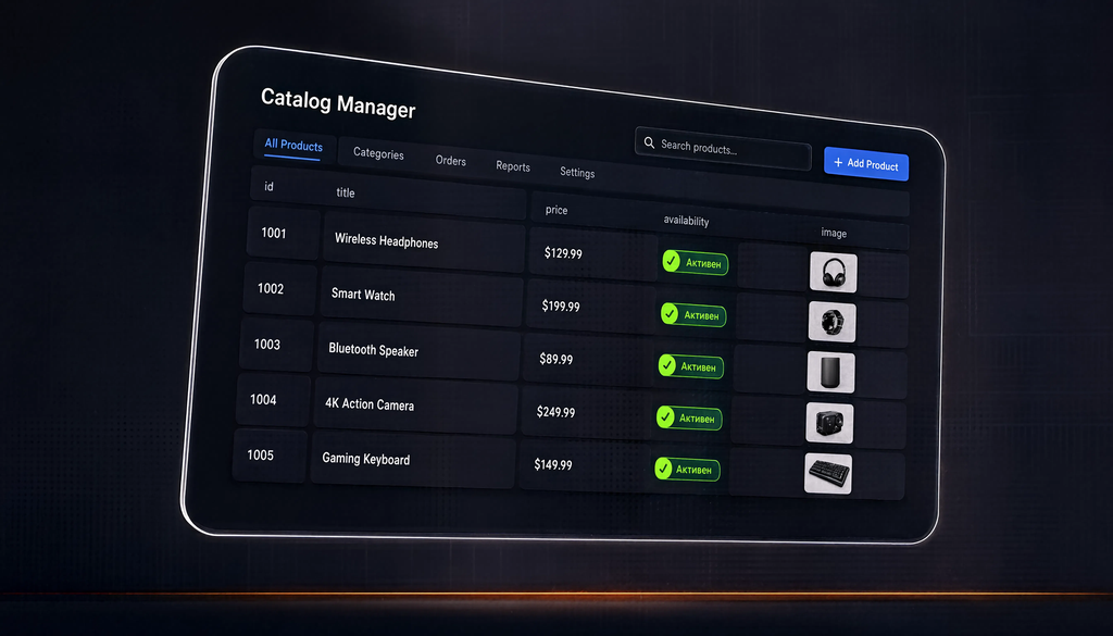 Скриншот списка товаров в Meta Catalog Manager после загрузки фида, отображающий поля id, title, price, availability, image и статус 'Активен'