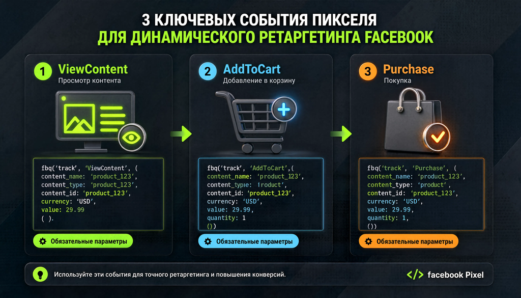 Инфографика событий пикселя Facebook: ViewContent, AddToCart, Purchase для динамического ретаргетинга с примерами кода