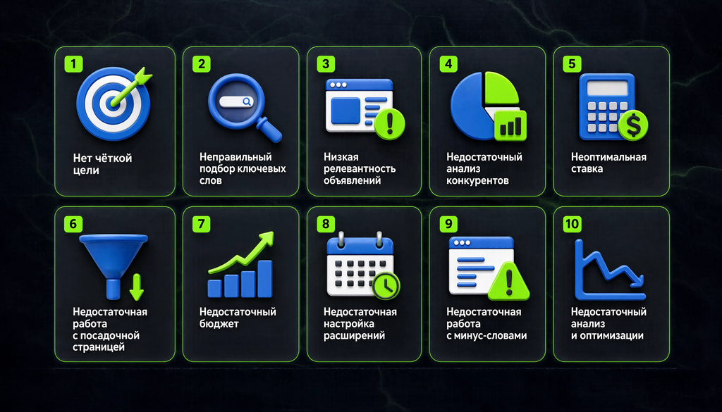 Инфографика: 10 типичных ошибок при планировании бюджета на контекстную рекламу с описанием и способами исправления