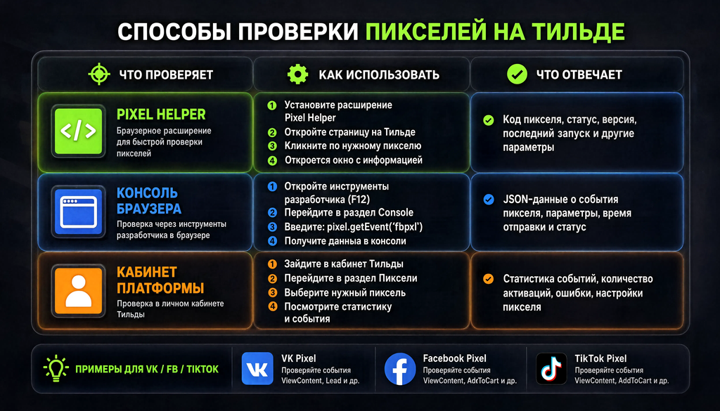 Таблица способов проверки пикселей на Тильде: Pixel Helper, консоль браузера, кабинет платформы