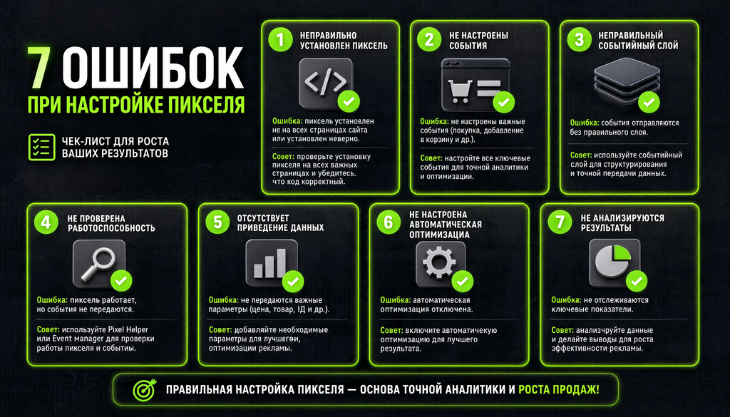 Инфографика: чек-лист из 7 типичных ошибок при настройке пикселя с советами по исправлению
