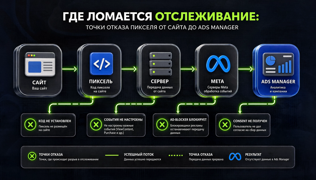 Схема точек отказа пикселя Meta Ads Manager от сайта до рекламного кабинета: код не установлен, события не настроены, ad-blocker, consent не получен