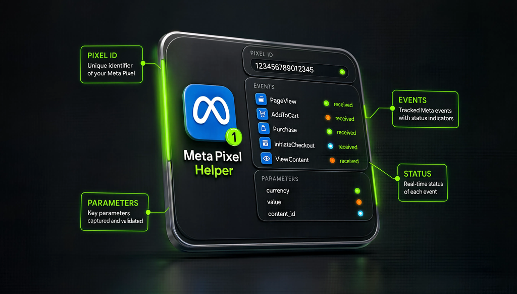 Интерфейс Meta Pixel Helper: панель с событиями, параметрами и цветовыми индикаторами статуса