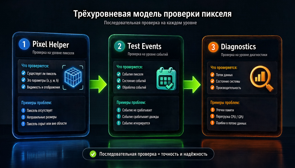 Трёхуровневая модель проверки пикселя Meta: Pixel Helper, Test Events, Diagnostics, показывающая проблемы, видимые на каждом уровне.
