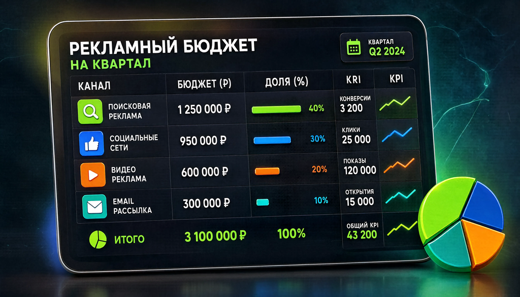 Пример таблицы рекламного бюджета на квартал с каналами, суммами, долями и KPI. Готовый шаблон.