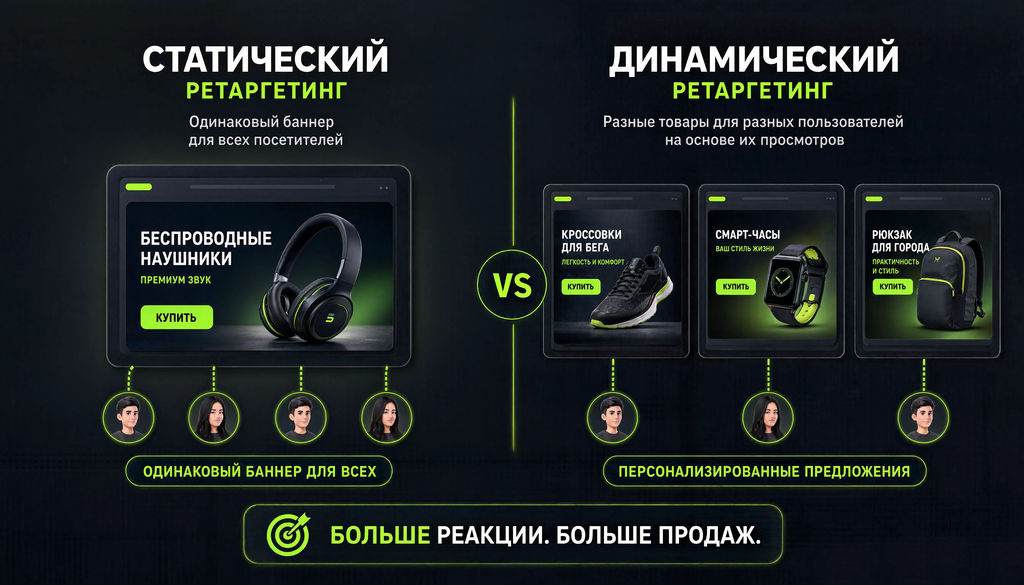 Сравнение статического и динамического ретаргетинга: слева одинаковый баннер для всех посетителей, справа разные товары для разных пользователей на основе их просмотров